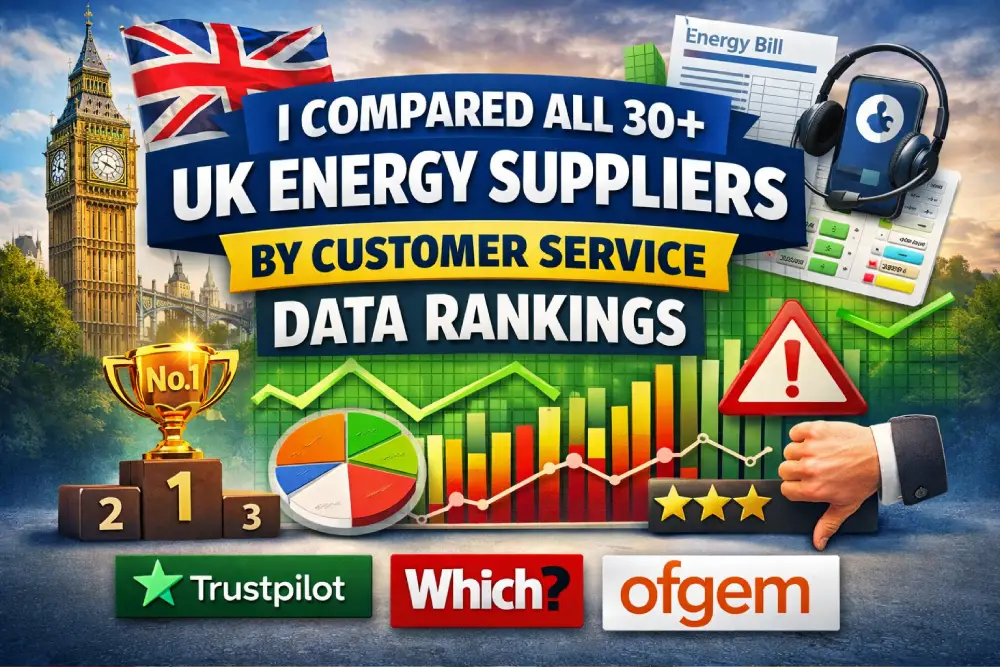 Chart showing UK energy supplier customer service rankings based on Which? survey, Ofgem complaints data, and Trustpilot ratings